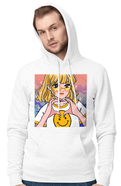 Men`s hoodie with prints Yellow Girl. Anime, girl, smiley. 2070702