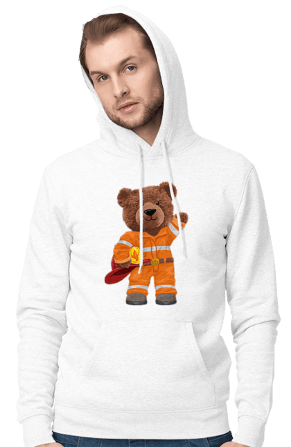 Чоловіче худі з принтом "Ведмедик пожежник". Ведмедик, ведмедик пожежник, ведмідь, пожежник, рятувальник, тедді. futbolka.stylus.ua