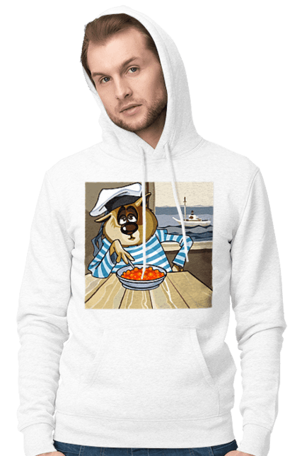 Men`s hoodie with prints Cat Sailor, On The Ship Eats Red Caviar. Cat, caviar, sailor, ship. 2070702
