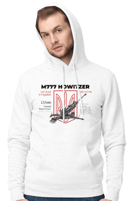 Чоловіче худі з принтом "155 мм гаубиця M777". Archer, bayraktar, himars, javelin, m777, patriot, weapon, zaluzhny, гаубиця. 2070702