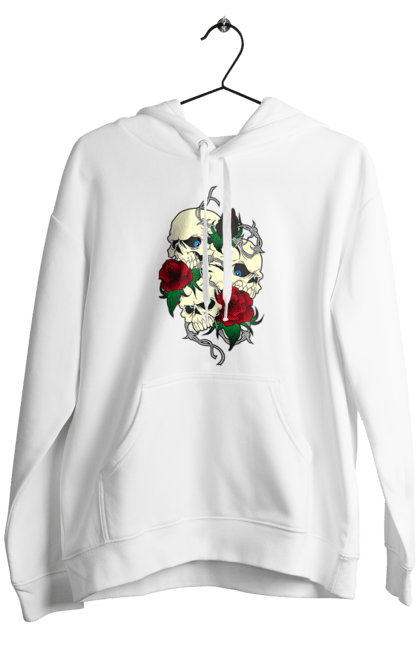 Men's hoodie with prints Skulls with roses. Bones, eyes, flowers, leaves, rose flower, roses, scull, spikes, teeth. 2070702