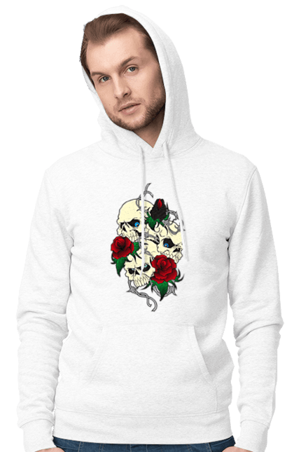 Мужское худи с принтом Черепа с розами. Глаза, зубы, кости, листья, роза, розы, цветы, череп, шипы. 2070702