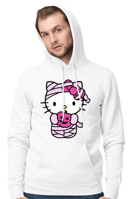 Men's hoodie with prints Hello Kitty Halloween. Brand, cat, character, halloween, hello kitty, kitten, kitty, mummy. 2070702