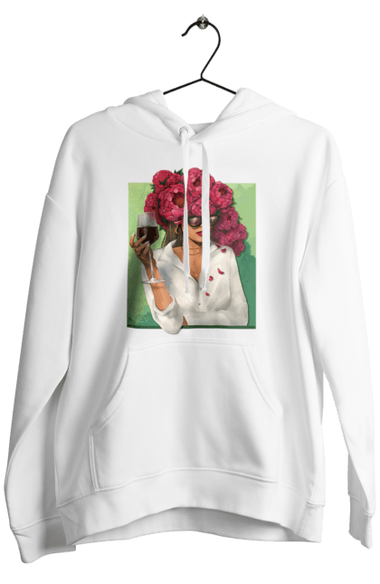 Men`s hoodie with prints Girl with peonies and a glass. Flower, girl, glasses, goblet, peonies, shirt, summer, wine. 2070702