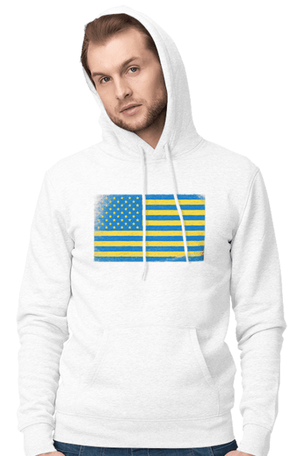 Чоловіче худі з принтом "Український прапор США". Америка, американський прапор, жовто-блакитний, жовто-блакитний прапор, національний, прапор америки, прапор україни, прикол, сполучені штати, сша, україна, український прапор. Print Shop