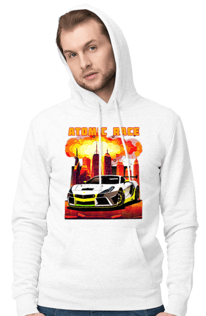 Чоловіче худі з принтом "Атомна гонка". Авто, автомобіль, атомні перегони, гонки, гоночні машини, спортивна машина, спорткар. 2070702