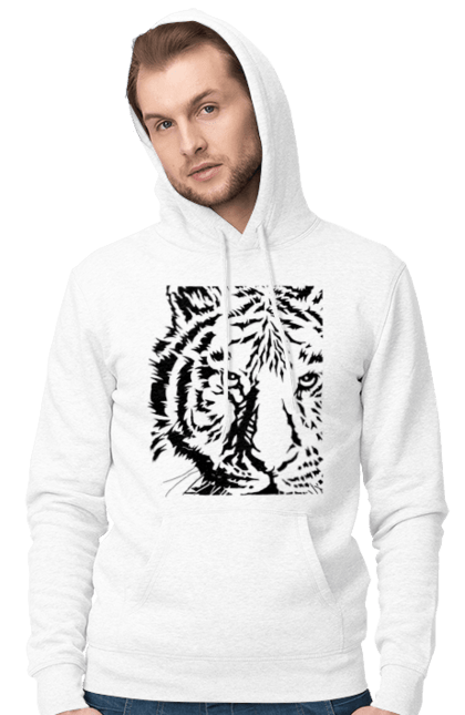 Чоловіче худі з принтом "Тигр". Велика кішка, великий кіт, дика природа, дикий, звір, зуби, погляд, портрет, природа, стилізація, тварина, тигр, хижак. CustomPrint.market