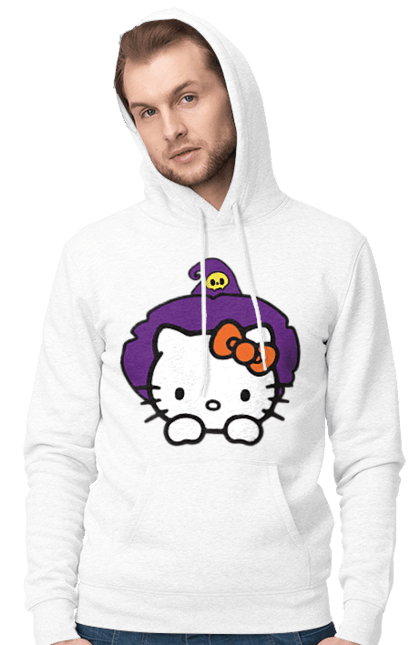 Men's hoodie with prints Hello Kitty Halloween. Brand, cat, character, halloween, hello kitty, kitten, kitty, witch. 2070702