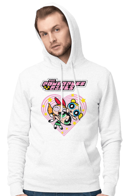 Men's hoodie with prints Powerpuff Girls. Animated series, blossom, bubbles, buttercup, cartoon network, cool girls, heart, powerpuff girls. 2070702