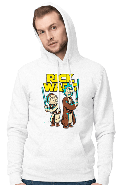 Men's hoodie with prints Rick and Morty. Adventures, black humor, cartoon, rick, rick and morty, sci-fi, star wars, tragicomedy. 2070702