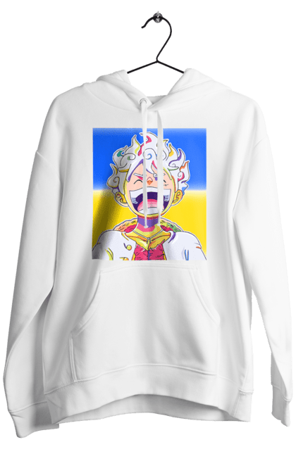 Мужское худи с принтом Монки д Луффи смеется на желтом синем фоне.. Ван пис, луффи, монки д. луффи, символ украины, украина, флаг украины. 2070702