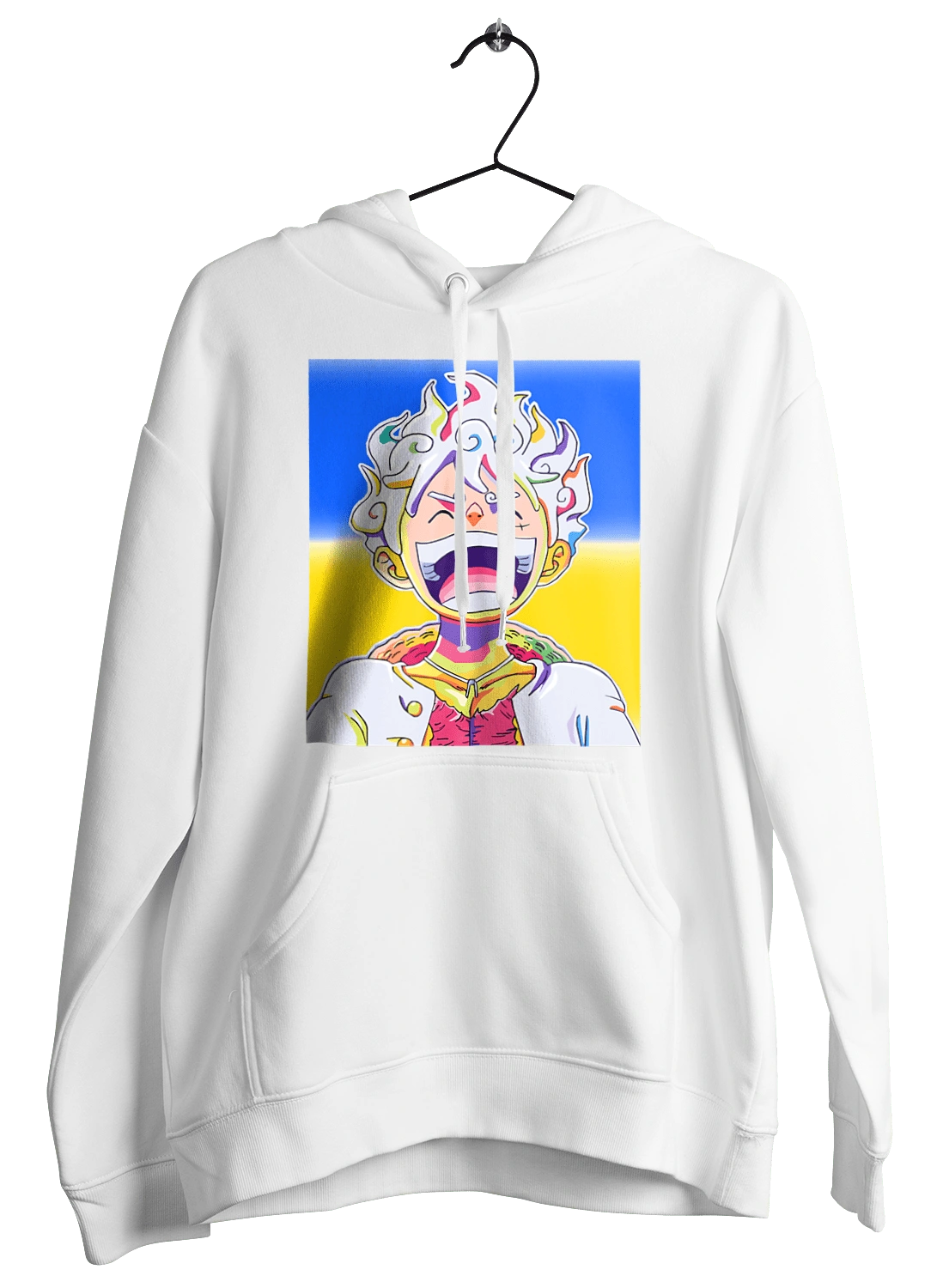 Монкі д Луффі сміється на жовто блактному фоні