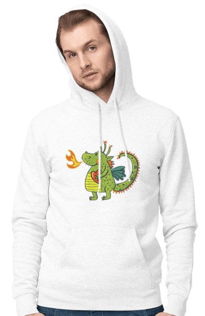 Men's hoodie with prints Dragon in love. Dragon, fire, green dragon, heart, hearts, love, new year, symbol 2024. 2070702