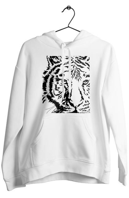 Чоловіче худі з принтом "Тигр". Велика кішка, великий кіт, дика природа, дикий, звір, зуби, погляд, портрет, природа, стилізація, тварина, тигр, хижак. CustomPrint.market