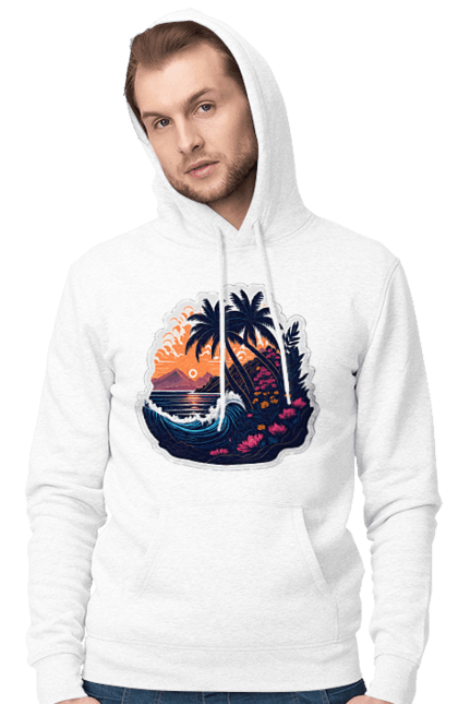Чоловіче худі з принтом "Дивовижна пальма біля моря на закаті сонця". Закат сонця, море, пальма. CustomPrint.market