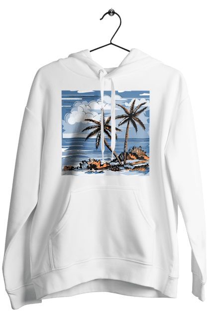 Men`s hoodie with prints Palm Trees And Sky. Clouds, palm trees, sea, sky. 2070702