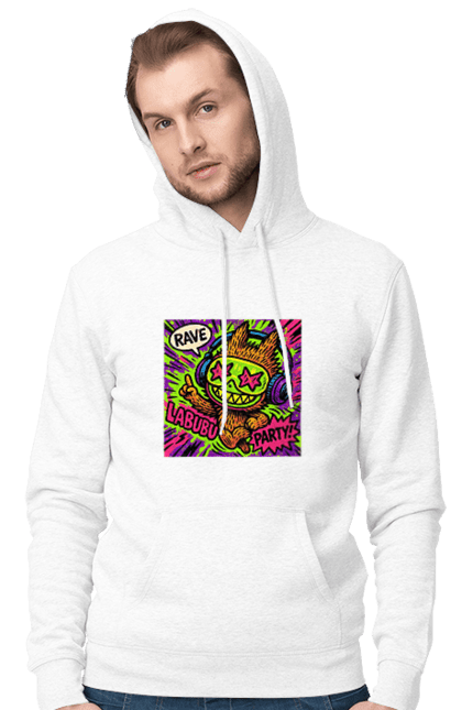 Чоловіче худі з принтом "Лабубу". Вечірка, вуличне мистецтво, графіті, зоряніочі, коміксстиль, лабубу, навушники, неон, попарт, рейв. 2070702