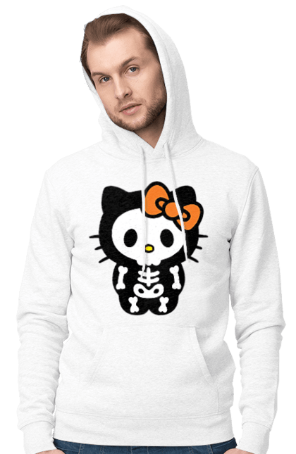 Чоловіче худі з принтом "Хелло Кітті Хелловін". Halloween, hello kitty, zombie, бренд, зомбі, кошеня, персонаж, скелет, хелло кітті, хелловін. 2070702