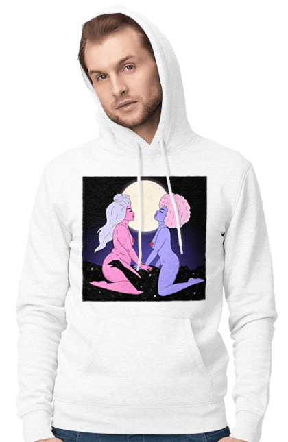 Чоловіче худі з принтом "Дві Інопланетянки І Місяць". Дівчата, зверху, інопланетянки. 2070702
