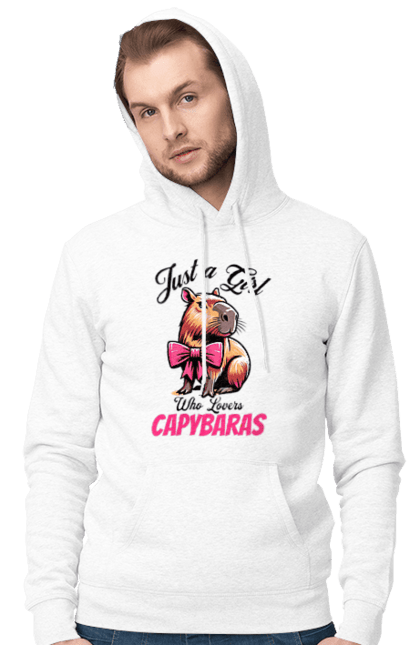 Men's hoodie with prints Capybara. Animal, bow, capybara, pink, rodent. 2070702