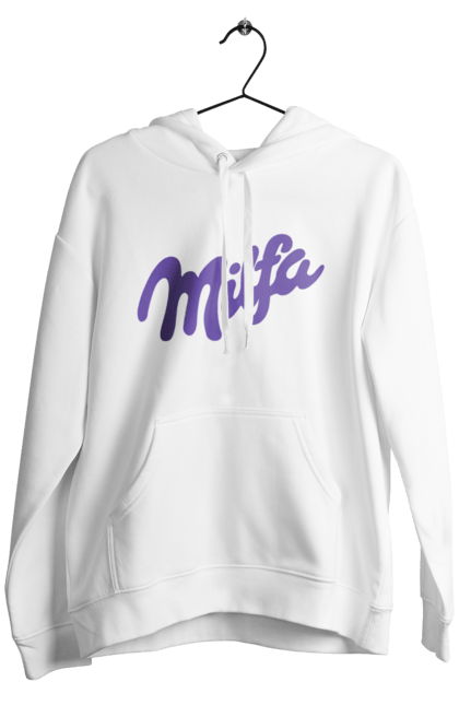 Men`s hoodie with prints Milfa. Funny, joke, meme, milf, milfa, milka. 2070702