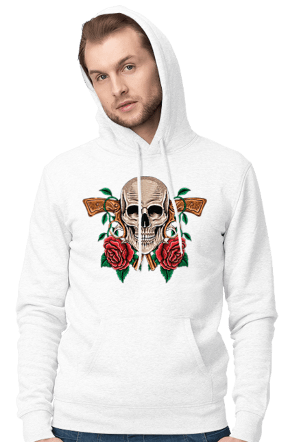 Men's hoodie with prints Skull with roses. Bones, eyes, flowers, gun, leaves, rose flower, scull, spikes, teeth. 2070702