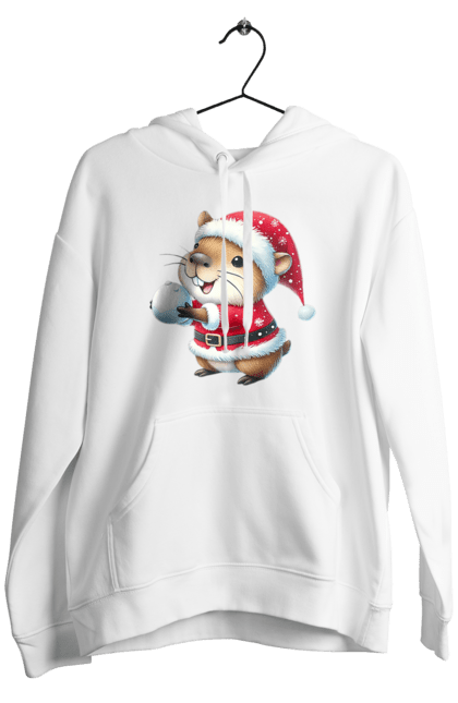 Men's hoodie with prints Capybara playing snowballs. Animal, capybara, christmas, christmas capybara, game, gift, holiday, new year, santa, snowballs. 2070702