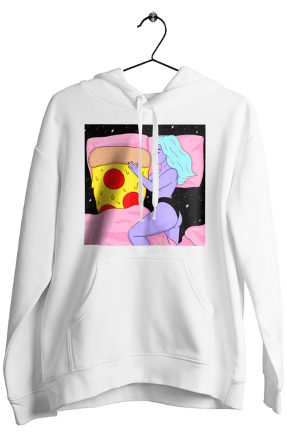 Men`s hoodie with prints Purple Girl And Pizza. Bed, girl, pizza. 2070702