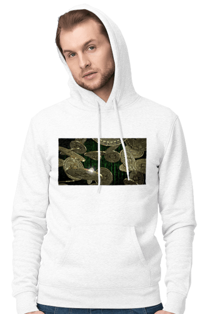 Чоловіче худі з принтом "Біткойн". Багатство, біткойн, валюта, гроші, криптовалюта, курс, майнінг, матриця, монета, розкіш, цифровий світ. 2070702