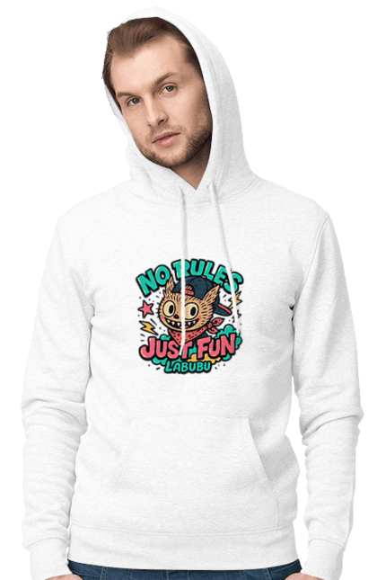 Чоловіче худі з принтом "Лабубу". Norulesjustfun, y2k, бандана, вуличний стиль, грайливий, графіті, зухвалий, лабубу, ретромультяшка, яскраво. 2070702