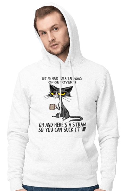 Чоловіче худі з принтом "Як це пережити?". Велика склянка, випий, все відмінно, йди нахуй, кіт і кухоль, налий, роздум, смоктати, як це подолати. 2070702