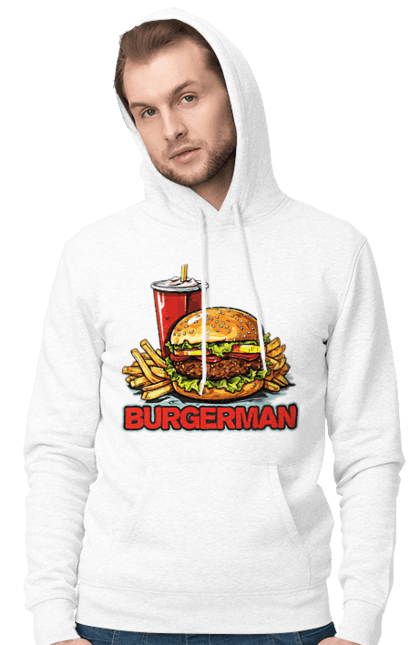 Чоловіче худі з принтом "Burgerman". Бургер, для чоловіків, їжа, літні, макдональдс, прикольні, трендові, фаст фуд, чоловічі. 2070702