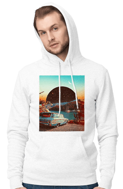 Чоловіче худі з принтом "Картина, машина біля річки". Картина, машина, планета, прикол, ретро, річка. 2070702