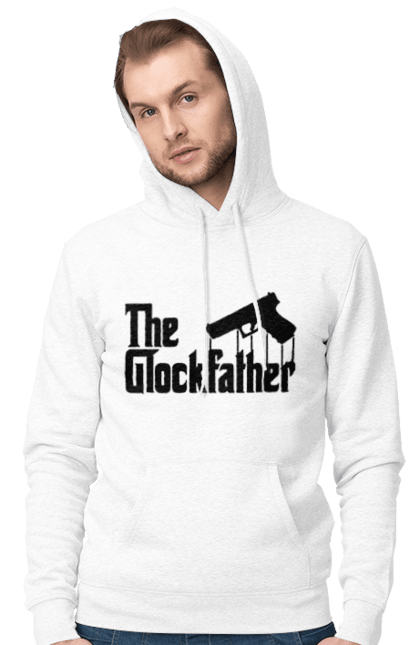 Men's hoodie with prints The Glockfather. Firearm, gangster, glock, glockfather, godfather reference, gun, pistol, weapon. 2070702