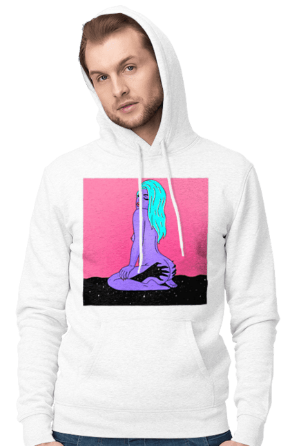 Чоловіче худі з принтом "Фіолетова Дівчина В Руках". Дівчина, інопланетянка, сидить. 2070702