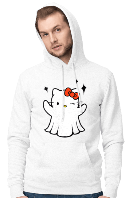 Men's hoodie with prints Hello Kitty Halloween. Brand, cat, character, ghost, halloween, hello kitty, kitten, kitty. 2070702