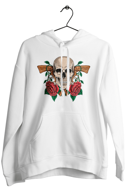 Men's hoodie with prints Skull with roses. Bones, eyes, flowers, gun, leaves, rose flower, scull, spikes, teeth. 2070702