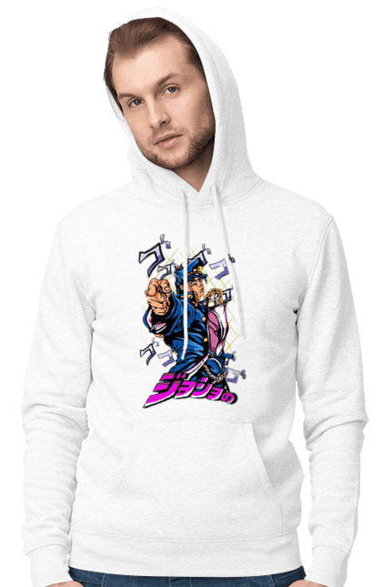 Men's hoodie with prints JOJO Jotaro. Anime, jojo, jojo`s bizarre adventure, jojo’s bizarre adventure, jotaro, jotaro kujo, manga. 2070702