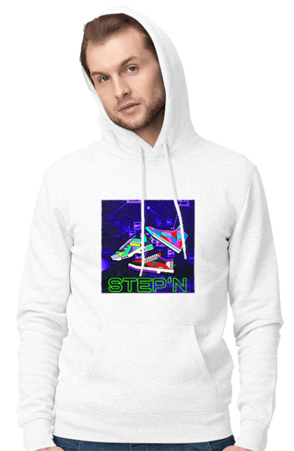 Чоловіче худі з принтом "Step`n". Віртуальні кросівки, крипта, криптовалюти, нфт, нфт кросівки, солана, степен. 2070702