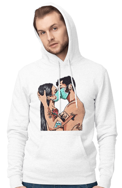 Men`s hoodie with prints Coronavirus Love. Coronavirus, kiss, love, mask, quarantine. 2070702