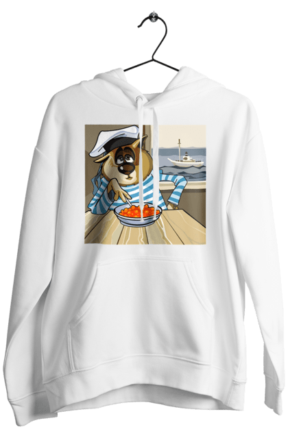 Men`s hoodie with prints Cat Sailor, On The Ship Eats Red Caviar. Cat, caviar, sailor, ship. 2070702