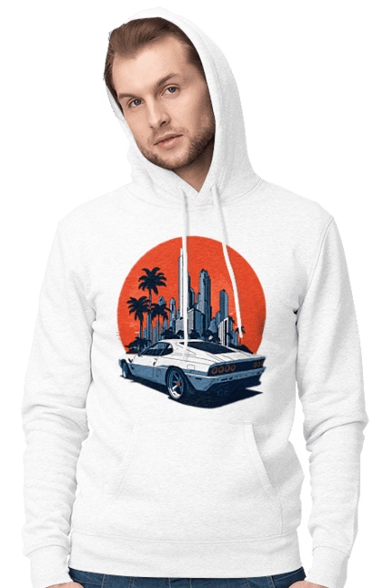 Чоловіче худі з принтом "Авто". Гонка, захід сонця, спортивний автомобіль, швидкість. 2070702