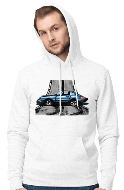 Чоловіче худі з принтом "Спортивний Автомобіль На Дорозі". Автомобіль, гонки, синій, спортиного, швидкий, швидкісний. 2070702