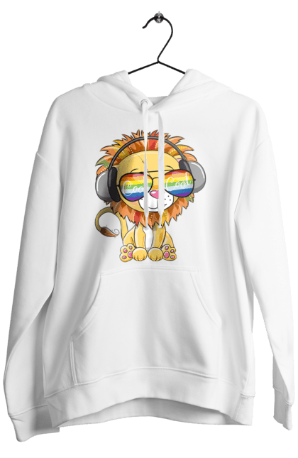 Men`s hoodie with prints Lion In Glasses And Headphones. Glasses, headphones, lion cub. 2070702