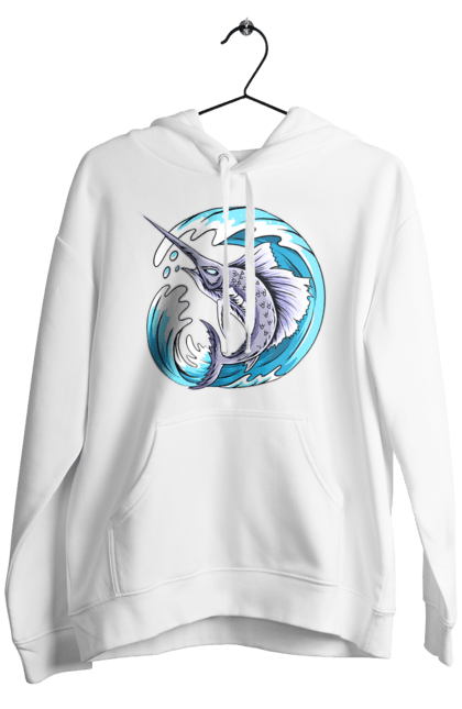 Men`s hoodie with prints Fish Sword And Wave. Swordfish, wave. 2070702