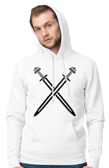 Men's hoodie with prints Two crossed swords. Crossed swords, sword, swords, vikings, weapon. CustomPrint.market