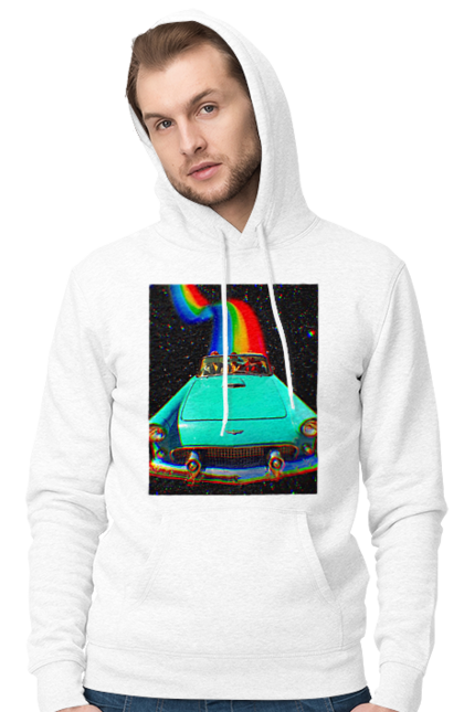 Чоловіче худі з принтом "Картина, машина у космосі". Веселка, картина, космос, машина, подорожі, поїздка, прикол, ретро. 2070702