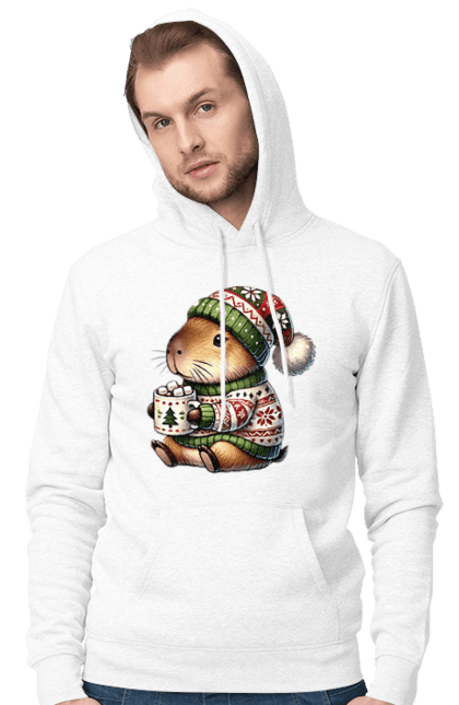 Men's hoodie with prints Capybara with hot chocolate. Animal, capybara, christmas, christmas capybara, gift, holiday, hot chocolate, new year, santa. 2070702