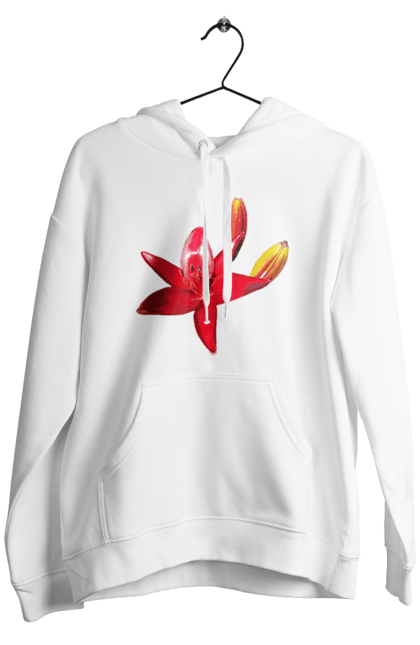 Men`s hoodie with prints Red lily. Bright, bud, buds, color, flower, lily, nature, red, red flower, red lily, sunny. 2070702