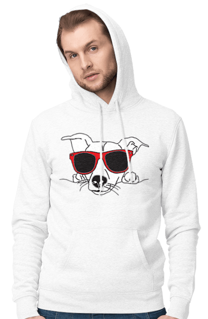 Men`s hoodie with prints The Dog Peeks Out. Dog, glasses, peep out. 2070702